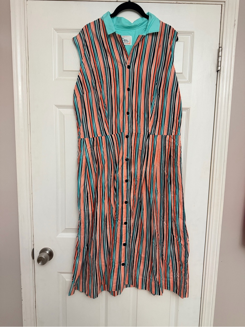 The Oblong Box Shop Striped Button-Front Sleeveless Dress in Coral & Teal NWT